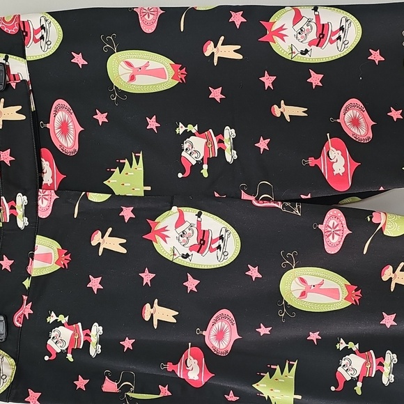 itw Brand Straight Leg Kitsch Christmas Pants, Vtg Inspired Print Blk Pink Green - Picture 1 of 9